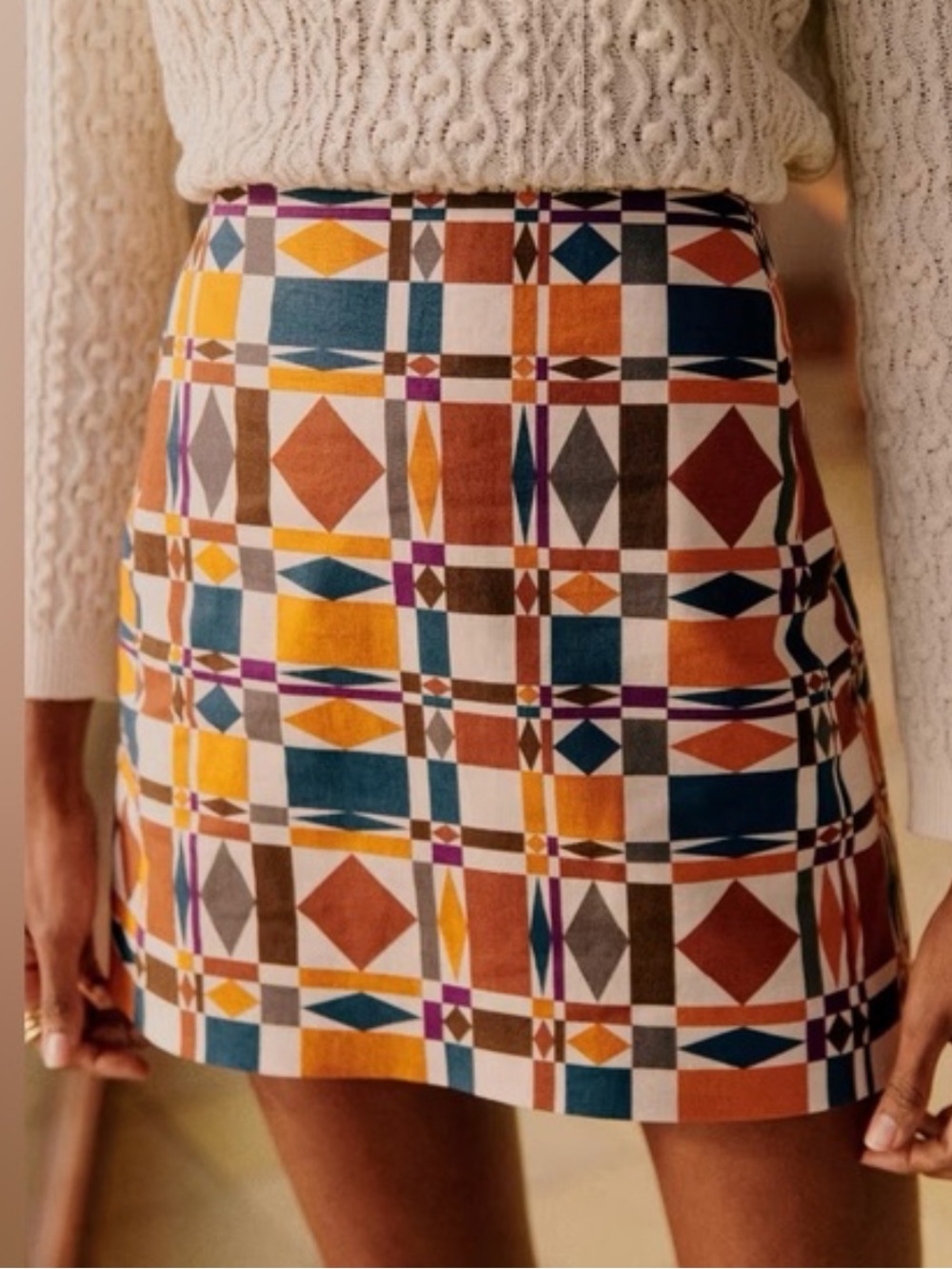 Sezane Geo-Print Mini Skirt in Mustard, Navy & Rust